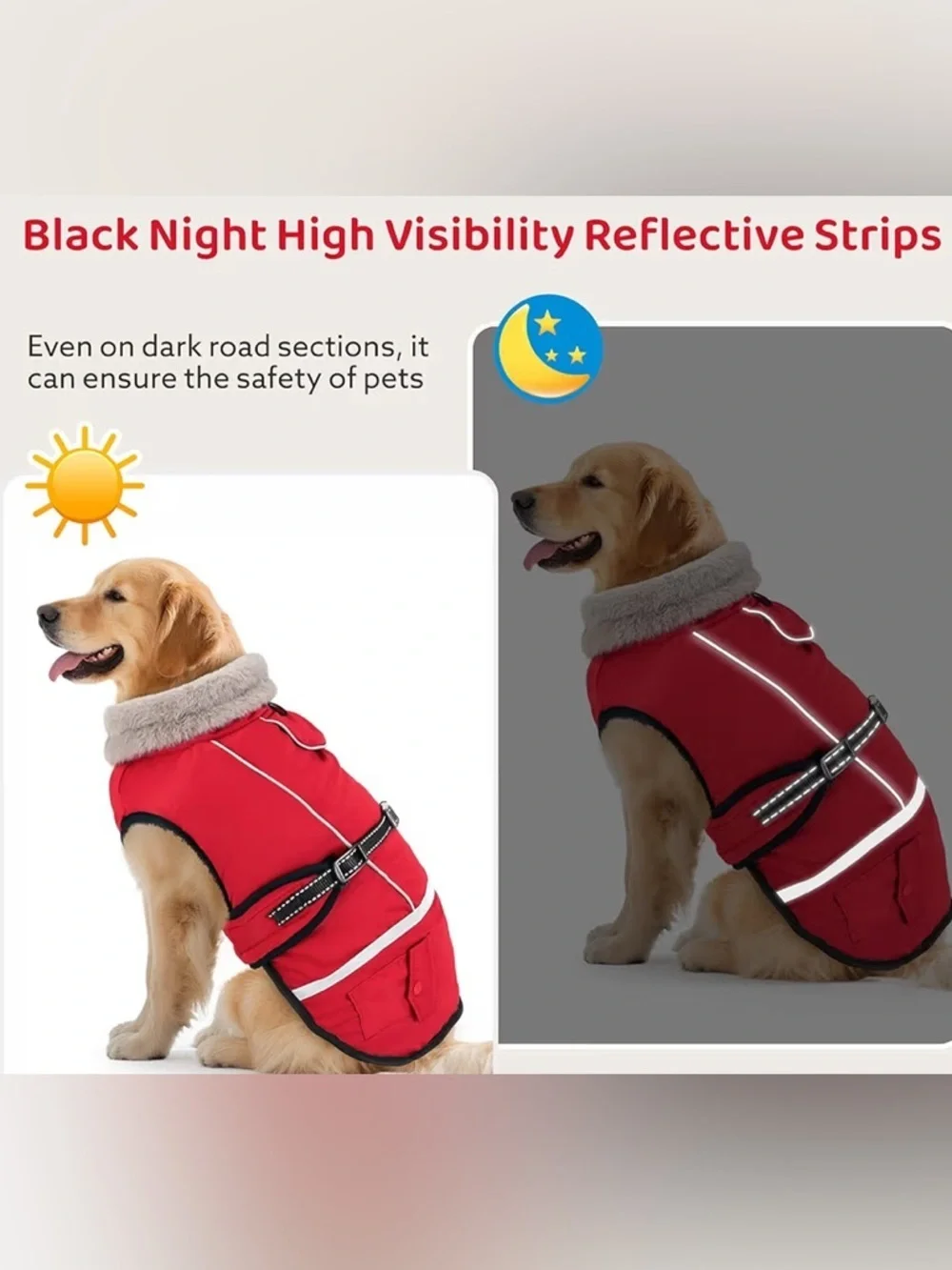 NEW-Dog- Large Red Faux-Fur Collar  Reflective, safety Dog Winter Coat -